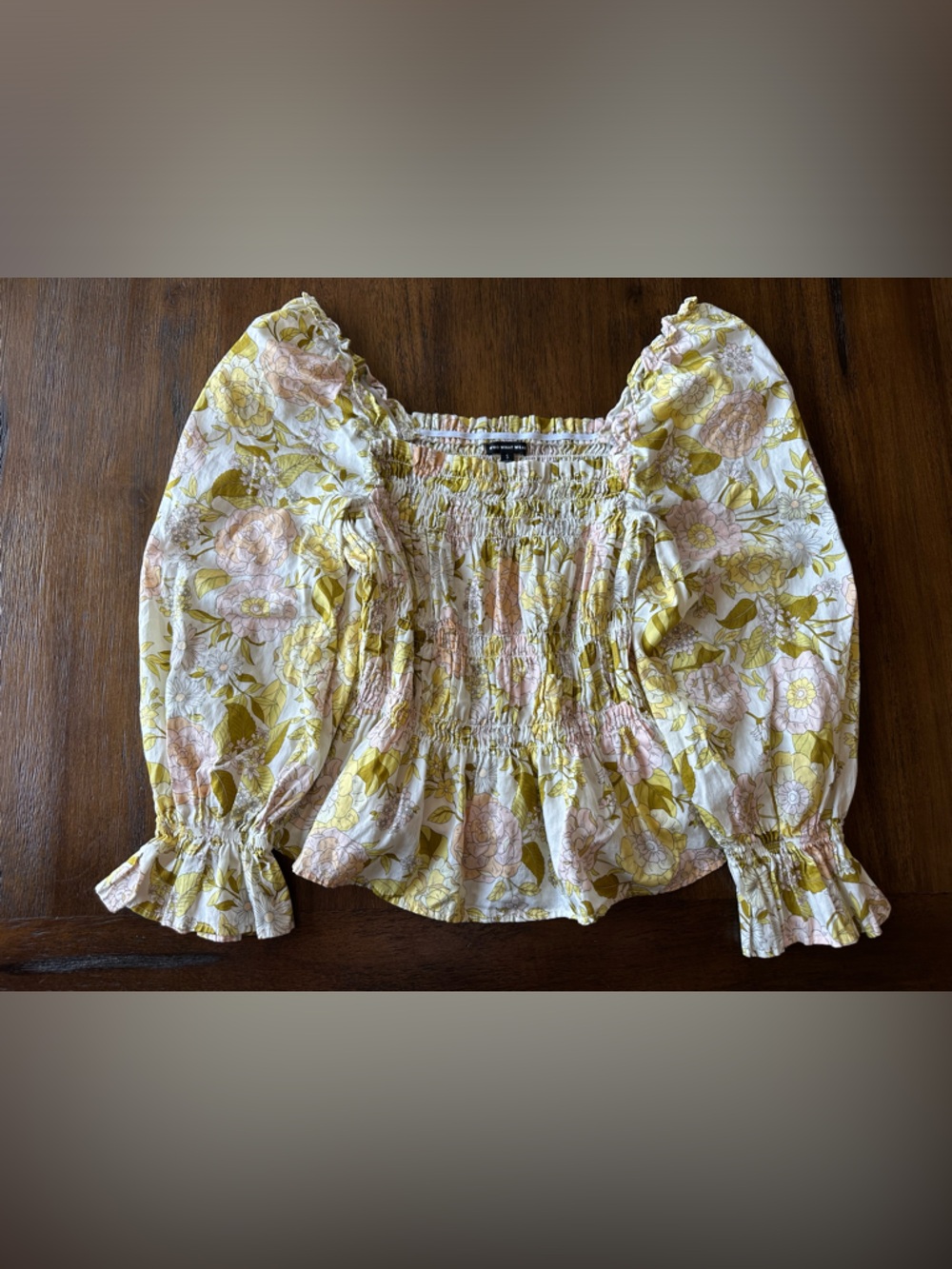 Who What Wear Floral Smocked Peasant Top in Yellow and Pink- size Small - Picture 2 of 5